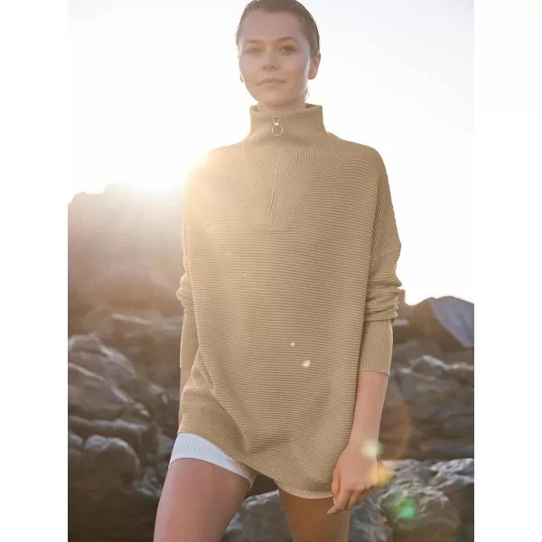 imageANRABESS Womens Sweaters Quarter Zip Oversized Pullover Casual V Neck Collared Ribbed Knit Tunic 2023 Fashion TopsKhaki