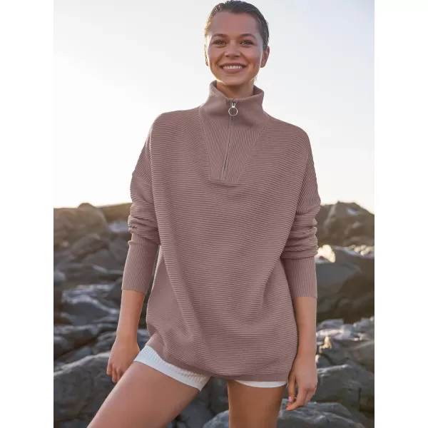 imageANRABESS Womens Sweaters Quarter Zip Oversized Pullover Casual V Neck Collared Ribbed Knit Tunic 2023 Fashion TopsNutmeg