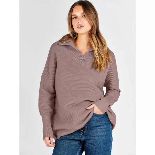 imageANRABESS Womens Sweaters Quarter Zip Oversized Pullover Casual V Neck Collared Ribbed Knit Tunic 2023 Fashion TopsNutmeg