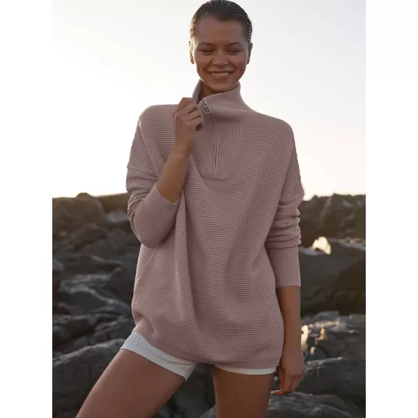 imageANRABESS Womens Sweaters Quarter Zip Oversized Pullover Casual V Neck Collared Ribbed Knit Tunic 2023 Fashion TopsNutmeg