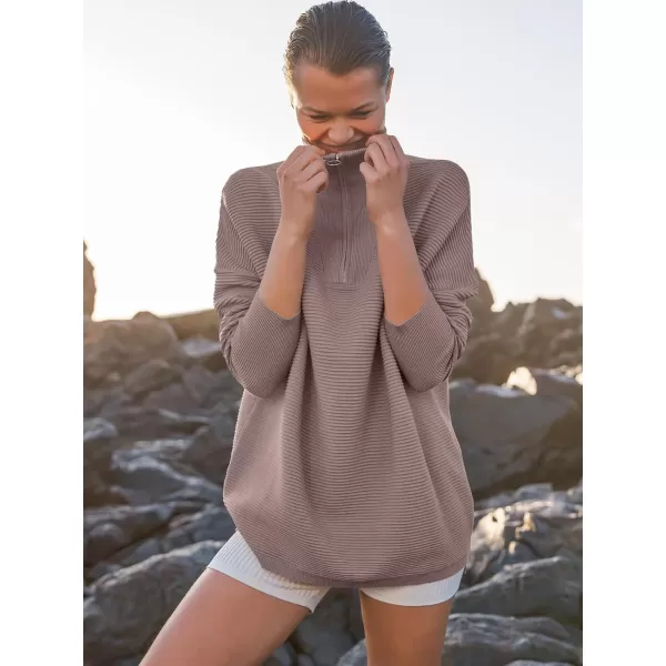 imageANRABESS Womens Sweaters Quarter Zip Oversized Pullover Casual V Neck Collared Ribbed Knit Tunic 2023 Fashion TopsNutmeg