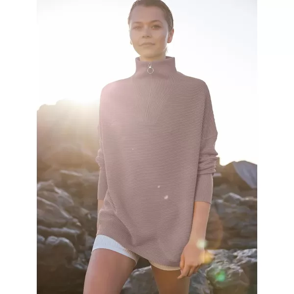 imageANRABESS Womens Sweaters Quarter Zip Oversized Pullover Casual V Neck Collared Ribbed Knit Tunic 2023 Fashion TopsNutmeg