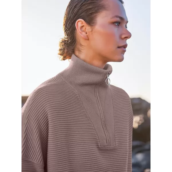 imageANRABESS Womens Sweaters Quarter Zip Oversized Pullover Casual V Neck Collared Ribbed Knit Tunic 2023 Fashion TopsNutmeg