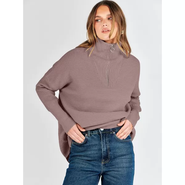imageANRABESS Womens Sweaters Quarter Zip Oversized Pullover Casual V Neck Collared Ribbed Knit Tunic 2023 Fashion TopsNutmeg