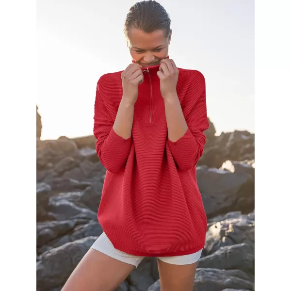 imageANRABESS Womens Sweaters Quarter Zip Oversized Pullover Casual V Neck Collared Ribbed Knit Tunic 2023 Fashion TopsRed