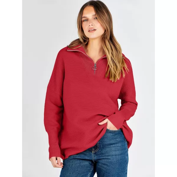 imageANRABESS Womens Sweaters Quarter Zip Oversized Pullover Casual V Neck Collared Ribbed Knit Tunic 2023 Fashion TopsRed