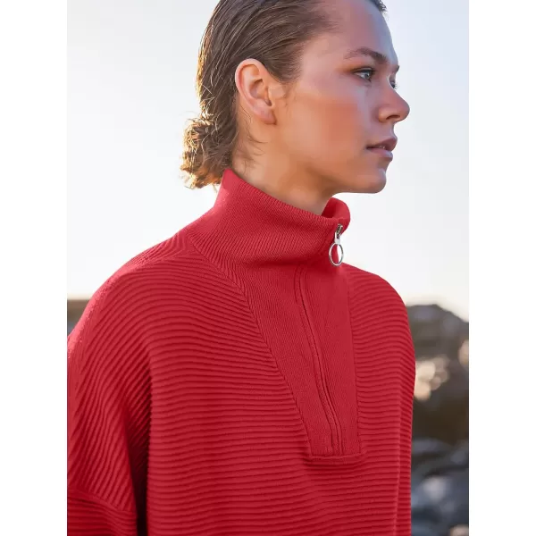 imageANRABESS Womens Sweaters Quarter Zip Oversized Pullover Casual V Neck Collared Ribbed Knit Tunic 2023 Fashion TopsRed