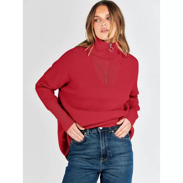 imageANRABESS Womens Sweaters Quarter Zip Oversized Pullover Casual V Neck Collared Ribbed Knit Tunic 2023 Fashion TopsRed