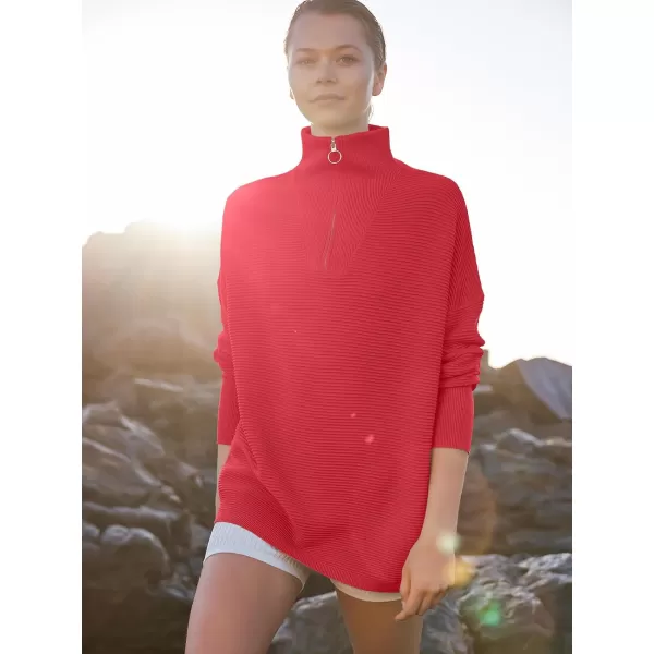 imageANRABESS Womens Sweaters Quarter Zip Oversized Pullover Casual V Neck Collared Ribbed Knit Tunic 2023 Fashion TopsRed