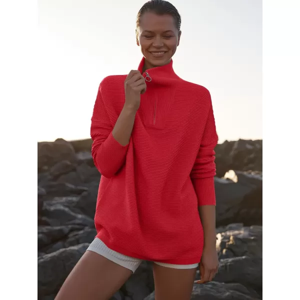 imageANRABESS Womens Sweaters Quarter Zip Oversized Pullover Casual V Neck Collared Ribbed Knit Tunic 2023 Fashion TopsRed