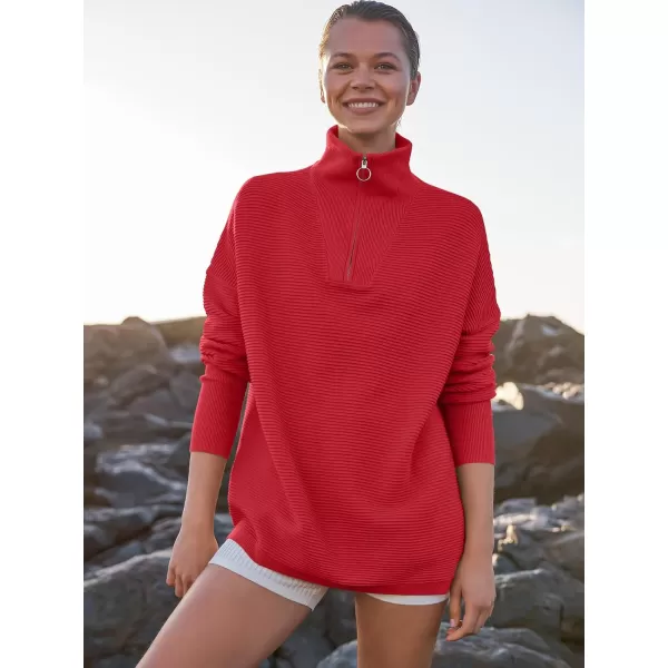 imageANRABESS Womens Sweaters Quarter Zip Oversized Pullover Casual V Neck Collared Ribbed Knit Tunic 2023 Fashion TopsRed
