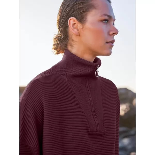 imageANRABESS Womens Sweaters Quarter Zip Oversized Pullover Casual V Neck Collared Ribbed Knit Tunic 2023 Fashion TopsWine Red
