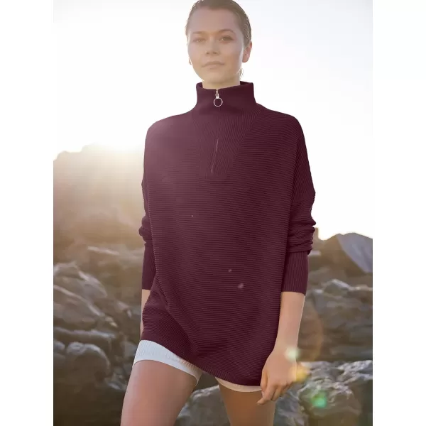 imageANRABESS Womens Sweaters Quarter Zip Oversized Pullover Casual V Neck Collared Ribbed Knit Tunic 2023 Fashion TopsWine Red