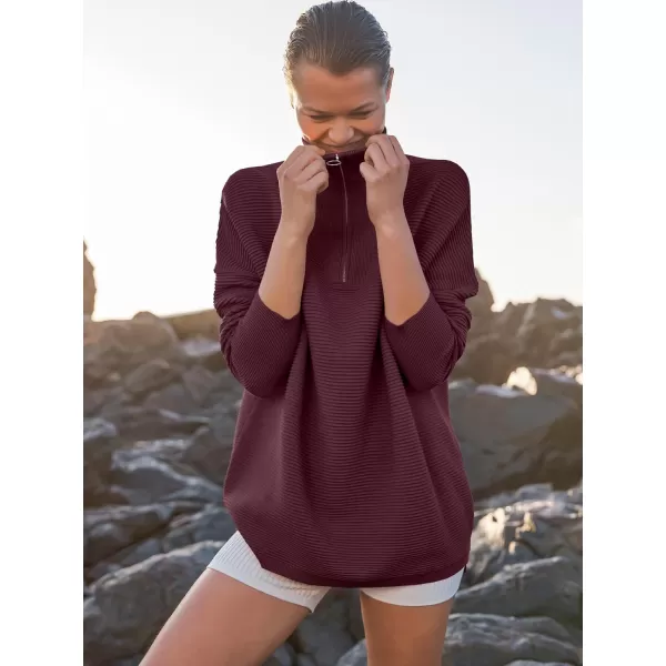 imageANRABESS Womens Sweaters Quarter Zip Oversized Pullover Casual V Neck Collared Ribbed Knit Tunic 2023 Fashion TopsWine Red