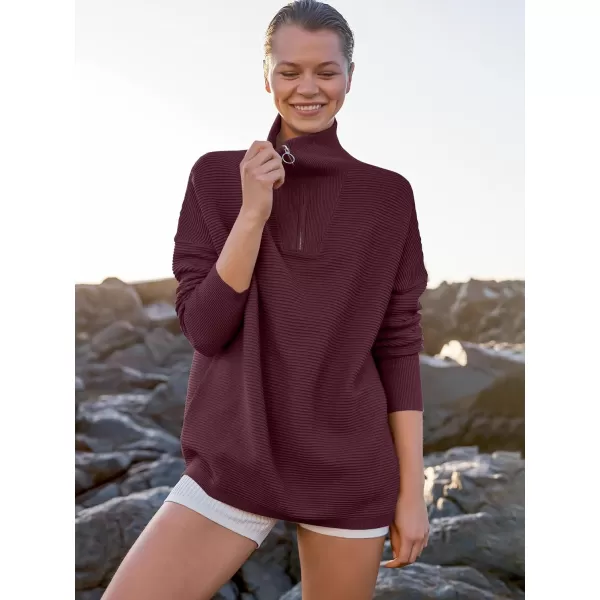 imageANRABESS Womens Sweaters Quarter Zip Oversized Pullover Casual V Neck Collared Ribbed Knit Tunic 2023 Fashion TopsWine Red