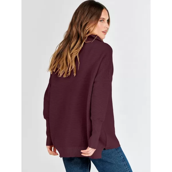 imageANRABESS Womens Sweaters Quarter Zip Oversized Pullover Casual V Neck Collared Ribbed Knit Tunic 2023 Fashion TopsWine Red