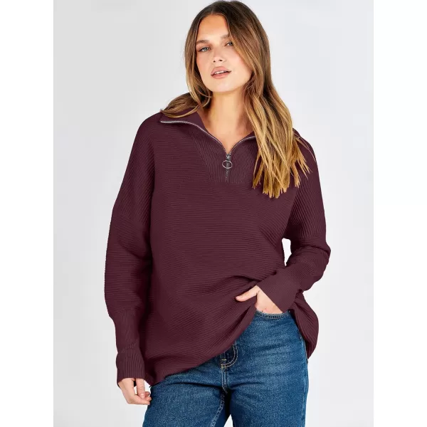imageANRABESS Womens Sweaters Quarter Zip Oversized Pullover Casual V Neck Collared Ribbed Knit Tunic 2023 Fashion TopsWine Red