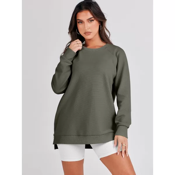 imageANRABESS Womens Sweatshirts Long Sleeve Tunic Tops Crew Neck Soft Pullover With Side Zipper Shirt Clothes 2023Army Green