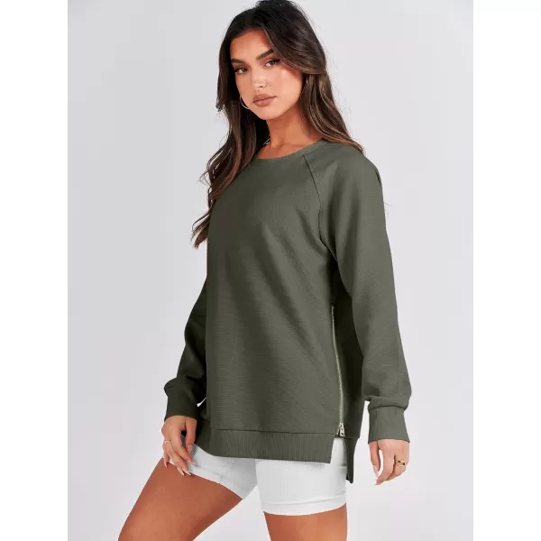 imageANRABESS Womens Sweatshirts Long Sleeve Tunic Tops Crew Neck Soft Pullover With Side Zipper Shirt Clothes 2023Army Green