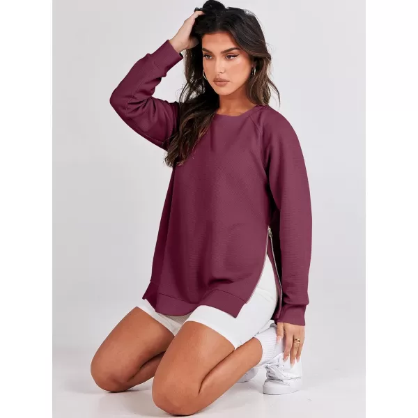 imageANRABESS Womens Sweatshirts Long Sleeve Tunic Tops Crew Neck Soft Pullover With Side Zipper Shirt Clothes 2023Burgundy