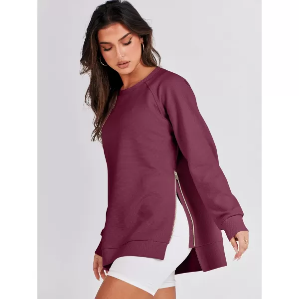 imageANRABESS Womens Sweatshirts Long Sleeve Tunic Tops Crew Neck Soft Pullover With Side Zipper Shirt Clothes 2023Burgundy