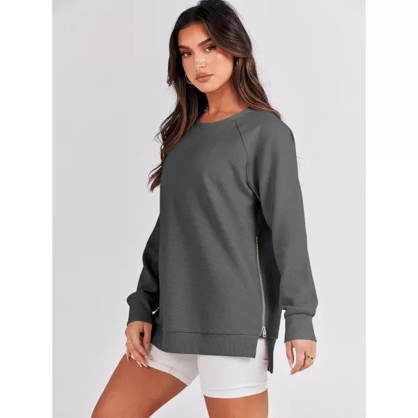 imageANRABESS Womens Sweatshirts Long Sleeve Tunic Tops Crew Neck Soft Pullover With Side Zipper Shirt Clothes 2023Dark Grey