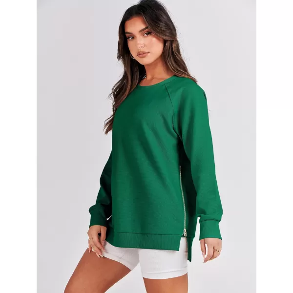 imageANRABESS Womens Sweatshirts Long Sleeve Tunic Tops Crew Neck Soft Pullover With Side Zipper Shirt Clothes 2023Green