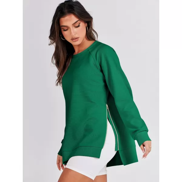 imageANRABESS Womens Sweatshirts Long Sleeve Tunic Tops Crew Neck Soft Pullover With Side Zipper Shirt Clothes 2023Green