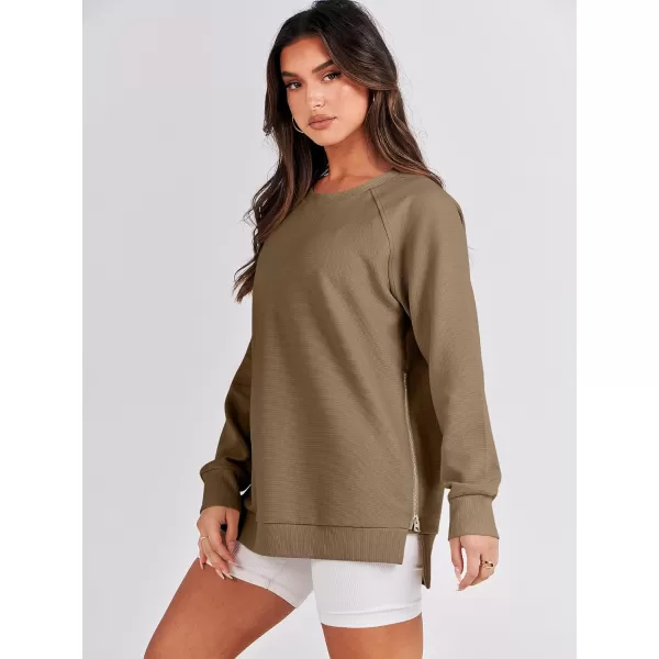 imageANRABESS Womens Sweatshirts Long Sleeve Tunic Tops Crew Neck Soft Pullover With Side Zipper Shirt Clothes 2023Khaki