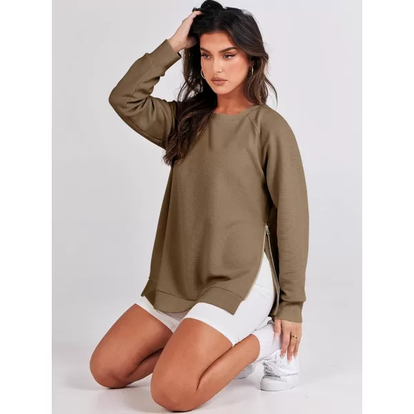 imageANRABESS Womens Sweatshirts Long Sleeve Tunic Tops Crew Neck Soft Pullover With Side Zipper Shirt Clothes 2023Khaki