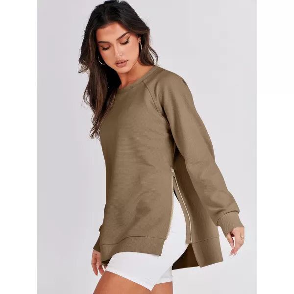 imageANRABESS Womens Sweatshirts Long Sleeve Tunic Tops Crew Neck Soft Pullover With Side Zipper Shirt Clothes 2023Khaki