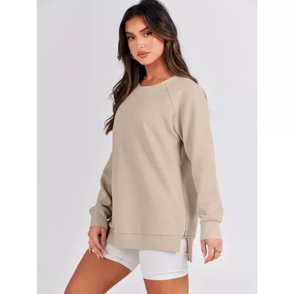 imageANRABESS Womens Sweatshirts Long Sleeve Tunic Tops Crew Neck Soft Pullover With Side Zipper Shirt Clothes 2023Light Apricot