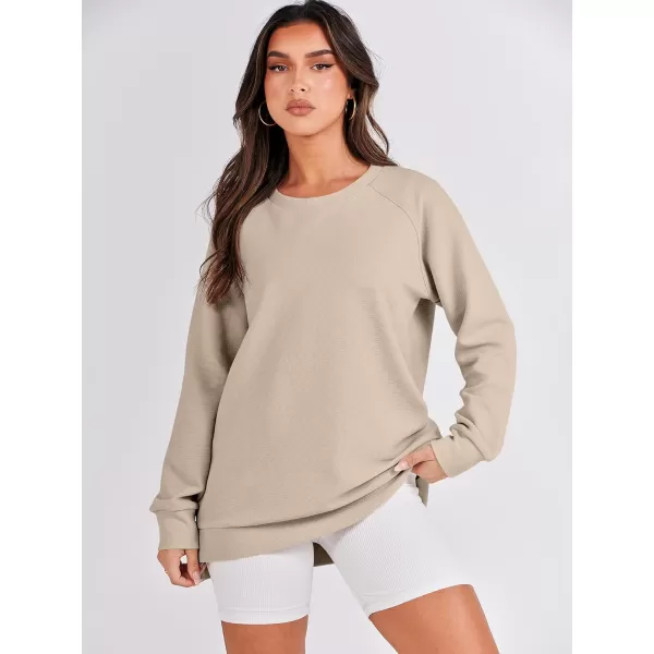 imageANRABESS Womens Sweatshirts Long Sleeve Tunic Tops Crew Neck Soft Pullover With Side Zipper Shirt Clothes 2023Light Apricot