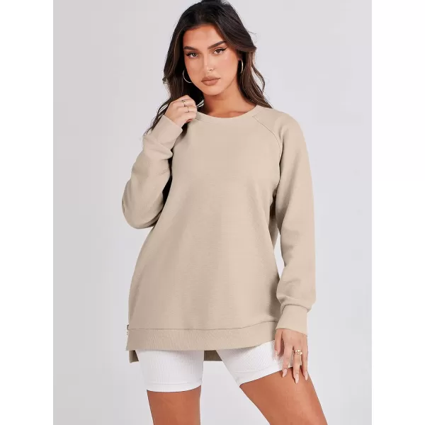 imageANRABESS Womens Sweatshirts Long Sleeve Tunic Tops Crew Neck Soft Pullover With Side Zipper Shirt Clothes 2023Light Apricot