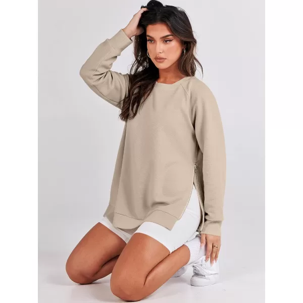 imageANRABESS Womens Sweatshirts Long Sleeve Tunic Tops Crew Neck Soft Pullover With Side Zipper Shirt Clothes 2023Light Apricot