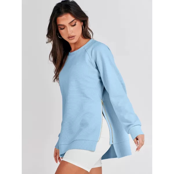 imageANRABESS Womens Sweatshirts Long Sleeve Tunic Tops Crew Neck Soft Pullover With Side Zipper Shirt Clothes 2023Light Blue