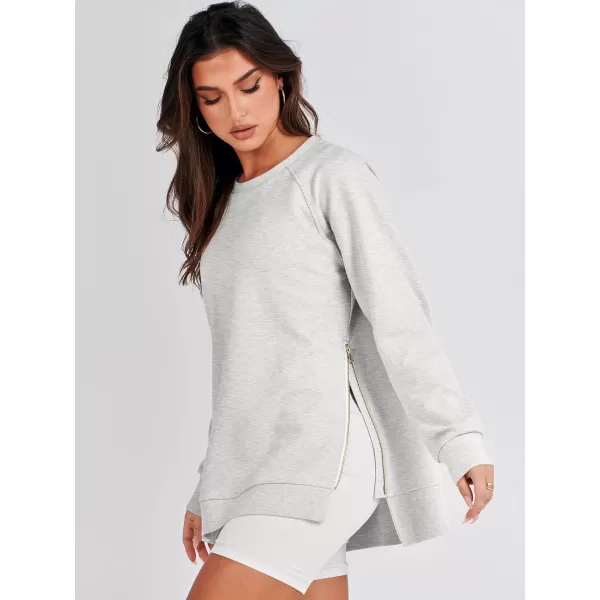 imageANRABESS Womens Sweatshirts Long Sleeve Tunic Tops Crew Neck Soft Pullover With Side Zipper Shirt Clothes 2023Light Gray