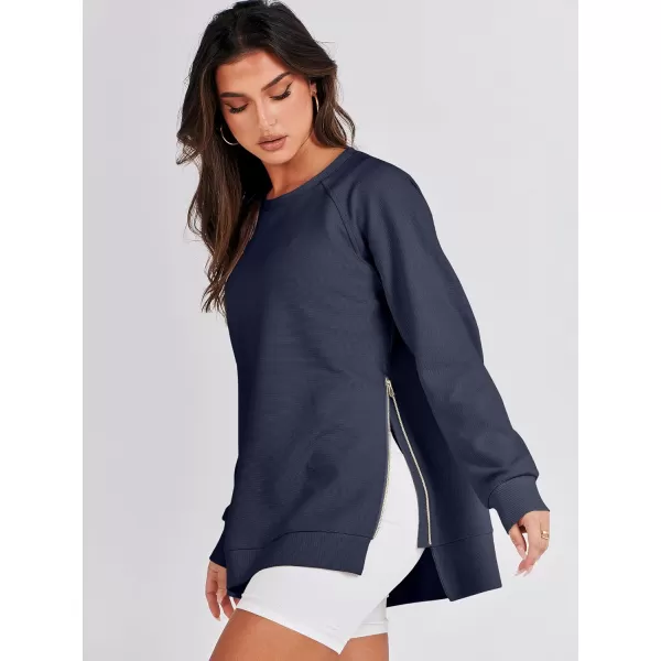 imageANRABESS Womens Sweatshirts Long Sleeve Tunic Tops Crew Neck Soft Pullover With Side Zipper Shirt Clothes 2023Navy Blue
