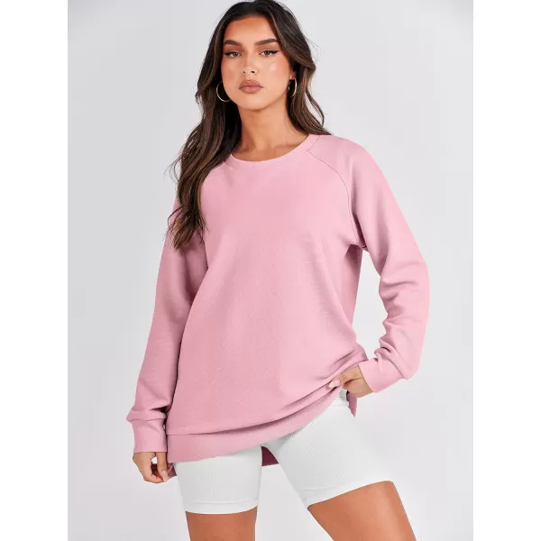 imageANRABESS Womens Sweatshirts Long Sleeve Tunic Tops Crew Neck Soft Pullover With Side Zipper Shirt Clothes 2023Pink