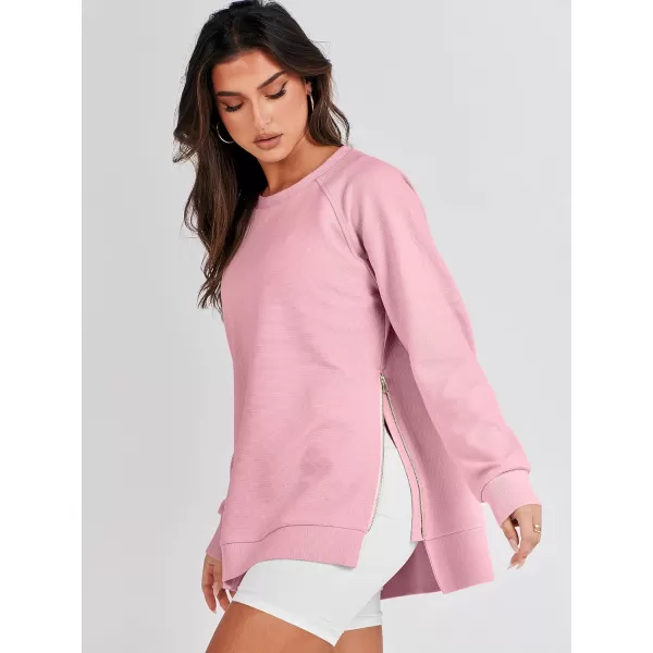 imageANRABESS Womens Sweatshirts Long Sleeve Tunic Tops Crew Neck Soft Pullover With Side Zipper Shirt Clothes 2023Pink