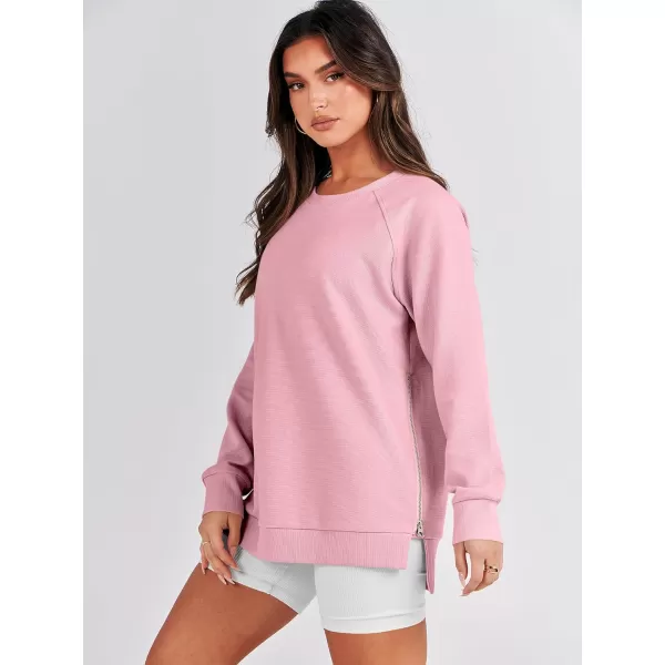 imageANRABESS Womens Sweatshirts Long Sleeve Tunic Tops Crew Neck Soft Pullover With Side Zipper Shirt Clothes 2023Pink