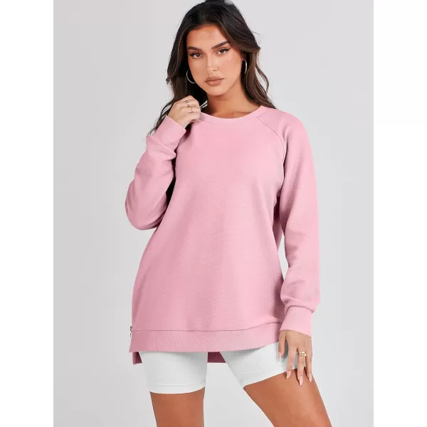 imageANRABESS Womens Sweatshirts Long Sleeve Tunic Tops Crew Neck Soft Pullover With Side Zipper Shirt Clothes 2023Pink