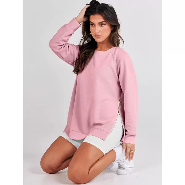 imageANRABESS Womens Sweatshirts Long Sleeve Tunic Tops Crew Neck Soft Pullover With Side Zipper Shirt Clothes 2023Pink