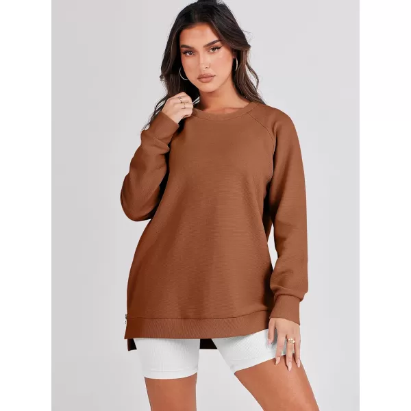 imageANRABESS Womens Sweatshirts Long Sleeve Tunic Tops Crew Neck Soft Pullover With Side Zipper Shirt Clothes 2023Rust