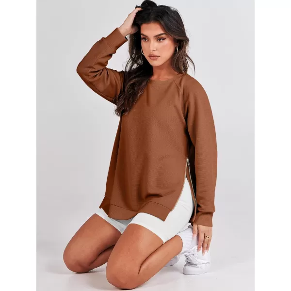 imageANRABESS Womens Sweatshirts Long Sleeve Tunic Tops Crew Neck Soft Pullover With Side Zipper Shirt Clothes 2023Rust