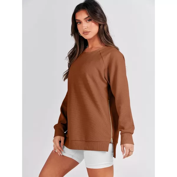 imageANRABESS Womens Sweatshirts Long Sleeve Tunic Tops Crew Neck Soft Pullover With Side Zipper Shirt Clothes 2023Rust