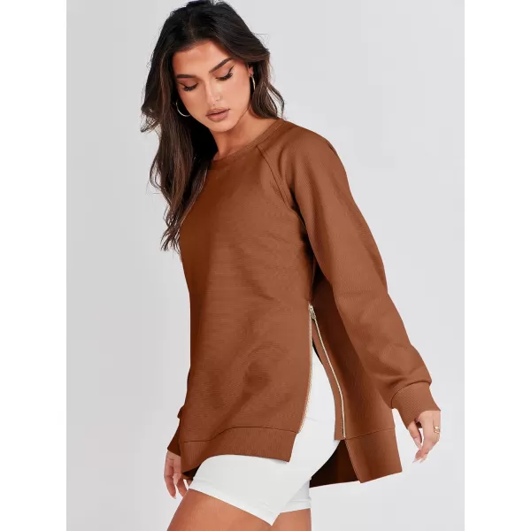 imageANRABESS Womens Sweatshirts Long Sleeve Tunic Tops Crew Neck Soft Pullover With Side Zipper Shirt Clothes 2023Rust