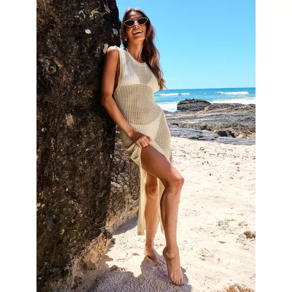 imageANRABESS Womens Swimsuit Cover Up Summer Sleeveless Hollow Knit Bikini Swimwear Bathing Suit Coverup Crochet Beach DressBeige