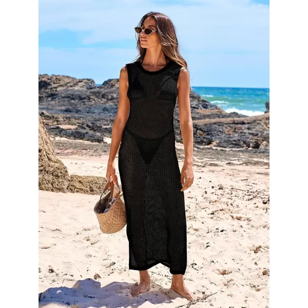 imageANRABESS Womens Swimsuit Cover Up Summer Sleeveless Hollow Knit Bikini Swimwear Bathing Suit Coverup Crochet Beach DressBlack