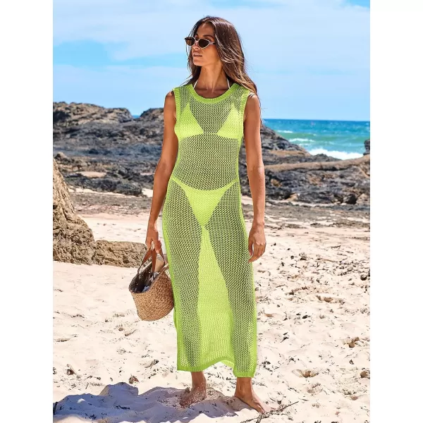 imageANRABESS Womens Swimsuit Cover Up Summer Sleeveless Hollow Knit Bikini Swimwear Bathing Suit Coverup Crochet Beach DressFluorescent Green